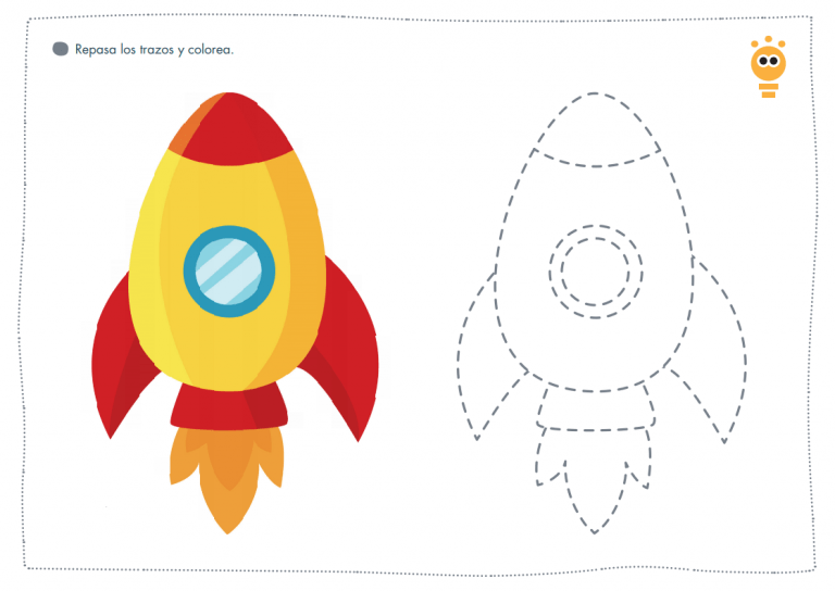 Ficha cohete traza y colorea